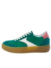 Load image into Gallery viewer, Green and white sneaker with a pink heel on a white surface.
