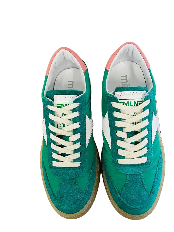 Pair of green sneakers with white laces on a white surface.