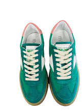 Load image into Gallery viewer, Pair of green sneakers with white laces on a white surface.
