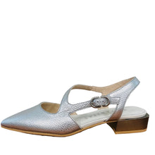 Load image into Gallery viewer, Silver shoe with a brown heel on a wooden surface
