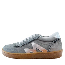 Load image into Gallery viewer, Gray sneaker with white laces on a wooden floor against a light gray wall.
