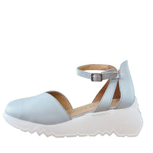 Load image into Gallery viewer, Light blue wedge sandal on a wooden surface with a neutral background
