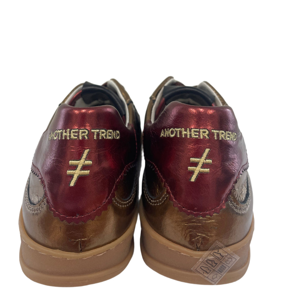 Pair of maroon and brown shoes with 'Another Trend' branding on a white background