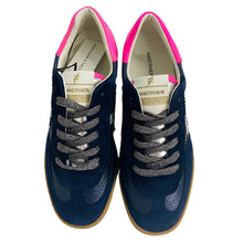 Load image into Gallery viewer, Pair of blue sneakers with pink accents on a white surface.
