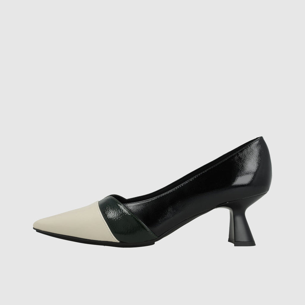 Lodi Two-Tone Black Patent & Beige Mid Heel Pump|  KAL5573