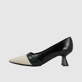 Lodi Two-Tone Black Patent & Beige Mid Heel Pump|  KAL5573