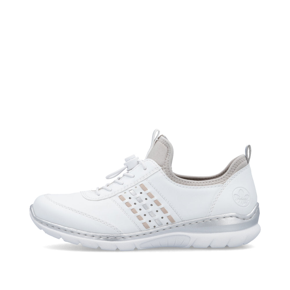 White athletic shoe with gray accents on a white background