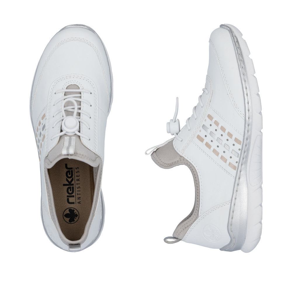 White sneakers with brand logo on a white background