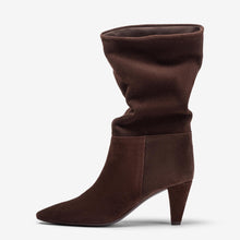 Load image into Gallery viewer, A dark brown suede slouch ankle boot with a pointed toe and a mid-height stiletto heel, shown from a side profile on a light gray background.
