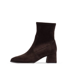 Load image into Gallery viewer, A dark brown suede ankle boot with a block heel and pointed toe, shown in profile against a plain white background.
