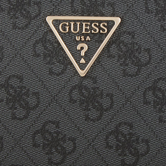 Black guess wallet with gold zipper and Guess logo on a light gray background