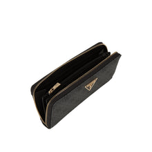 Load image into Gallery viewer, Black wallet with gold zipper and logo on a white background
