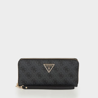 Black guess wallet with gold zipper and Guess logo on a light gray background