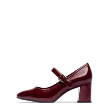 Load image into Gallery viewer, A single burgundy patent leather Mary Jane pump with a block heel and a small silver buckle, shown in profile against a plain white background.
