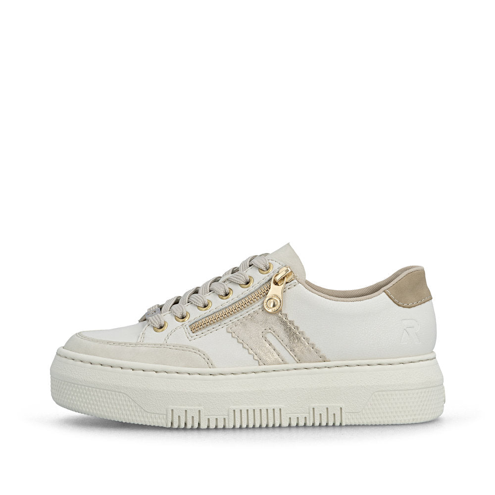White sneaker with gold zipper on a white background