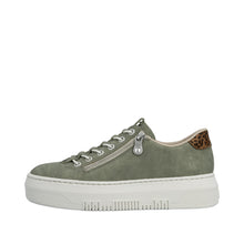 Load image into Gallery viewer, Green sneaker with leopard print heel tab on a white background

