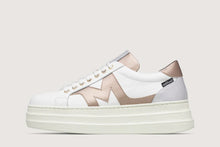 Load image into Gallery viewer, White and beige sneakers with a brand logo on a light gray background
