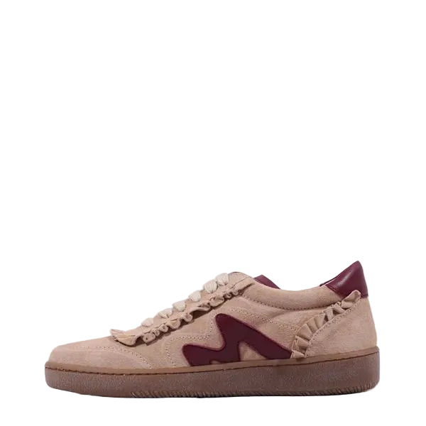 Beige sneaker with a maroon 'M' logo on a light gray background