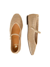 Load image into Gallery viewer, Pair of gold mesh flats on a beige background
