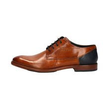 Load image into Gallery viewer, A single men's brown leather oxford shoe with black laces and a textured black heel panel, shown in a side profile on a plain white background.
