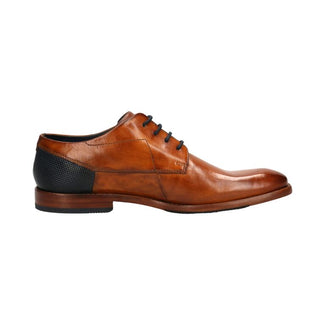 A single men's brown leather oxford shoe with black laces and a textured black heel panel, shown in a side profile on a plain white background.