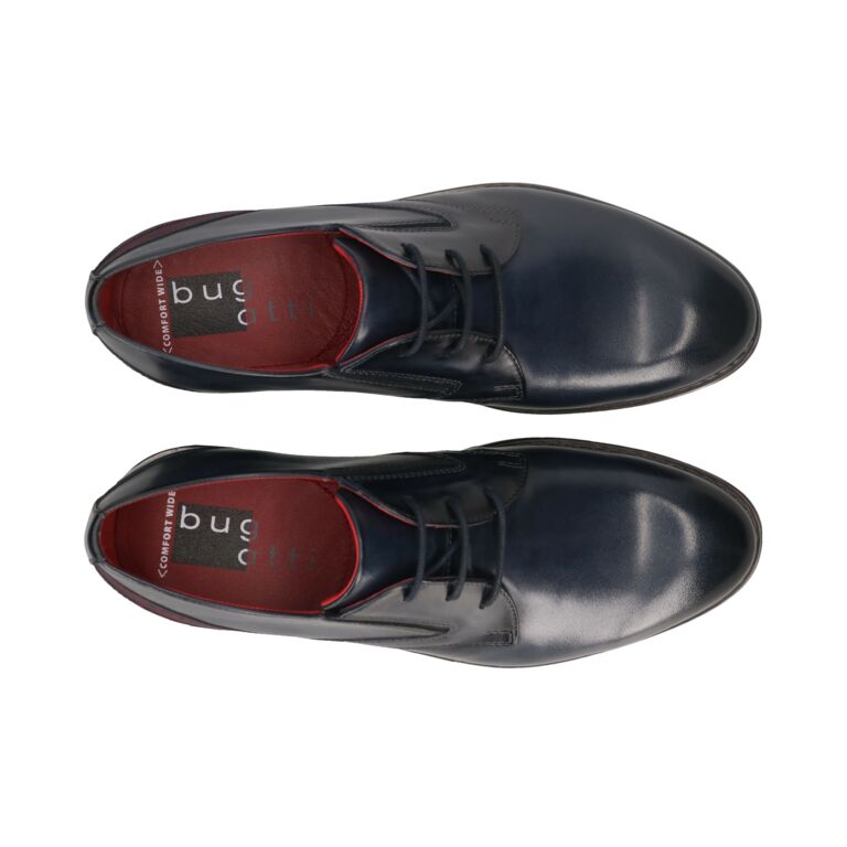 Pair of navy dress shoes with visible brand name on a white background