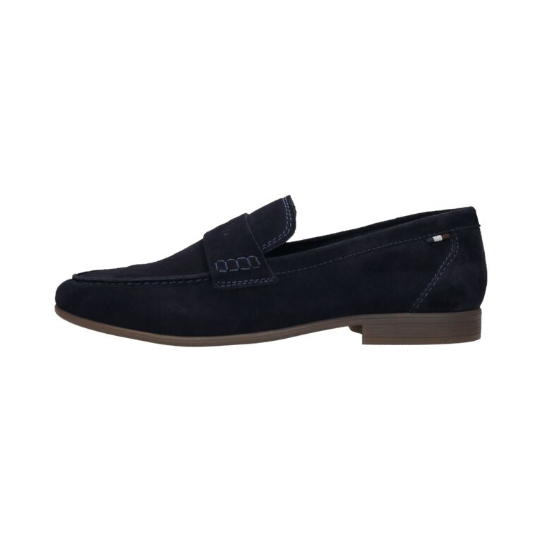 Navy blue loafer shoe on a white background