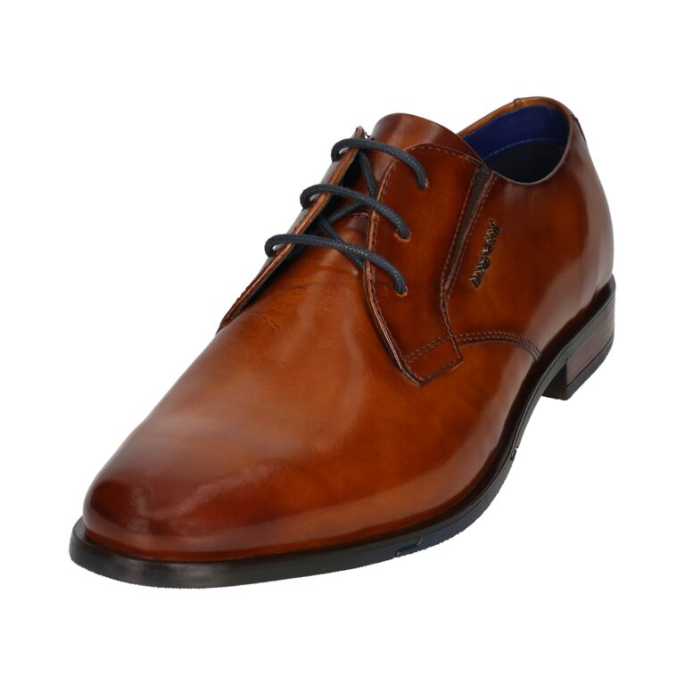 Brown leather dress shoe with black laces on a white background
