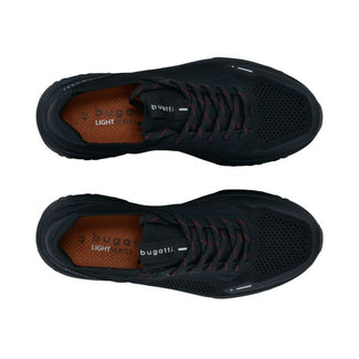 Black sneaker with 'bugatti' branding on a white background