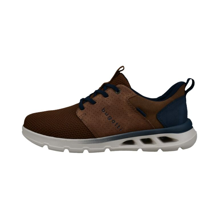 bROWN athletic shoe with white sole on a white background