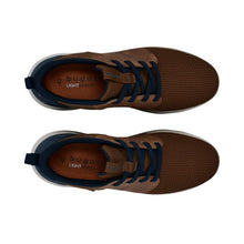 Load image into Gallery viewer, Brown sneakers with navy laces on a white background
