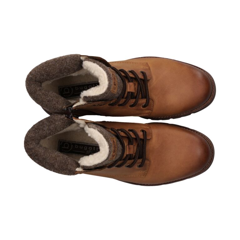 A pair of brown leather lace-up boots with a thick brown woolen fleece collar and white shearling lining, shown from a top-down view on a white background.