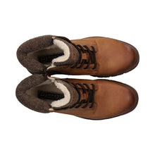 Load image into Gallery viewer, A pair of brown leather lace-up boots with a thick brown woolen fleece collar and white shearling lining, shown from a top-down view on a white background.
