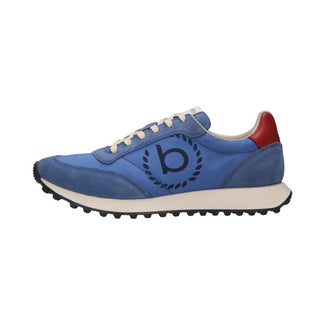 Blue sneaker with a red heel on a white background