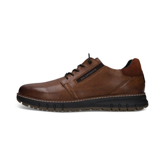 A brown leather lace-up shoe with a black sole, shown in a side profile view against a plain white background.