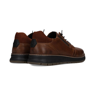 A brown leather lace-up shoe with a black sole, shown in a side profile view against a plain white background.