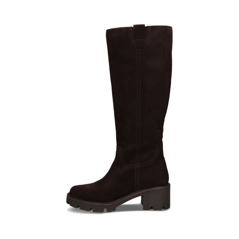 A dark brown suede knee-high boot with a chunky block heel and lug sole, shown in a side profile on a white background.