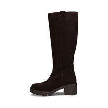 Load image into Gallery viewer, A dark brown suede knee-high boot with a chunky block heel and lug sole, shown in a side profile on a white background.
