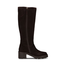 Load image into Gallery viewer, A dark brown suede knee-high boot with a side zipper, block heel, and lug sole, shown in profile against a white background.
