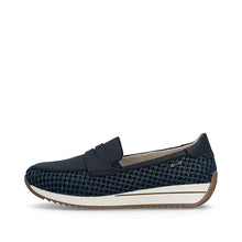Load image into Gallery viewer, Navy slip-on shoe with textured sole on a white background
