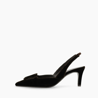 A single black pointed-toe slingback high heel shoe with a small bow detail on the toe, shown in profile against a plain white background.