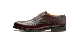 Brown leather dress shoe on a white background