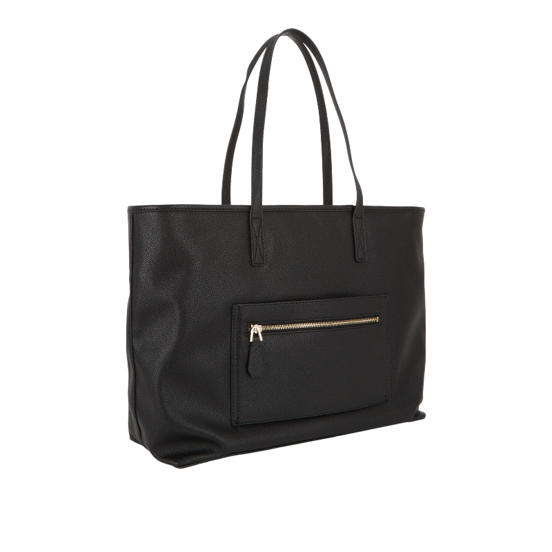 guess Black tote bag with a gold zipper on a white background