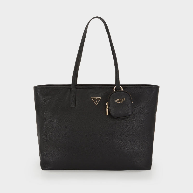 Guess Black handbag with a matching keychain on a white background