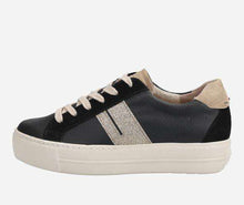Load image into Gallery viewer, A black and beige Paul Green platform trainer with lace fastening, featuring leather/suede upper material and a rubber sole.
