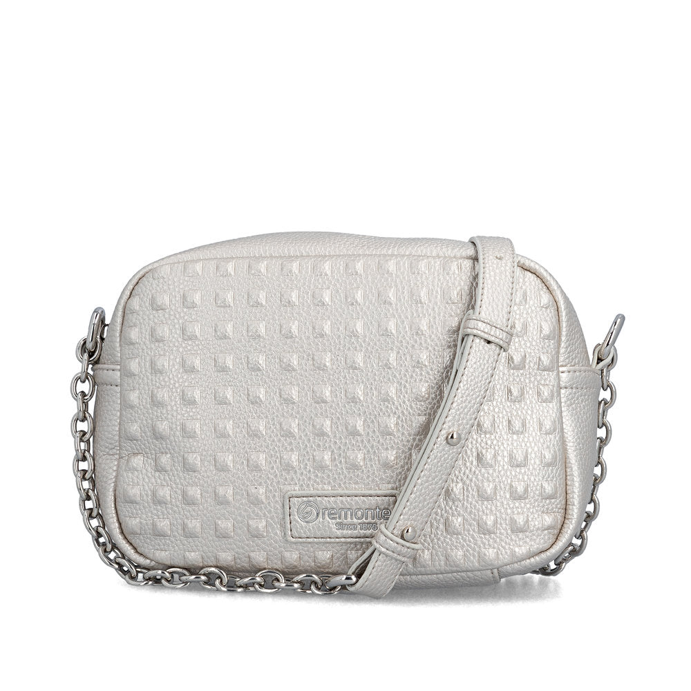 White textured handbag with chain detail on a white background
