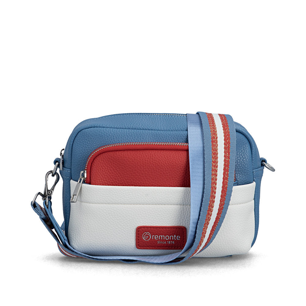 Multicolored crossbody bag with visible brand logo on a white background