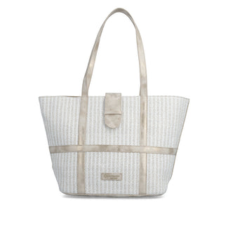 Person holding a white woven tote bag with beige accents on a plain background