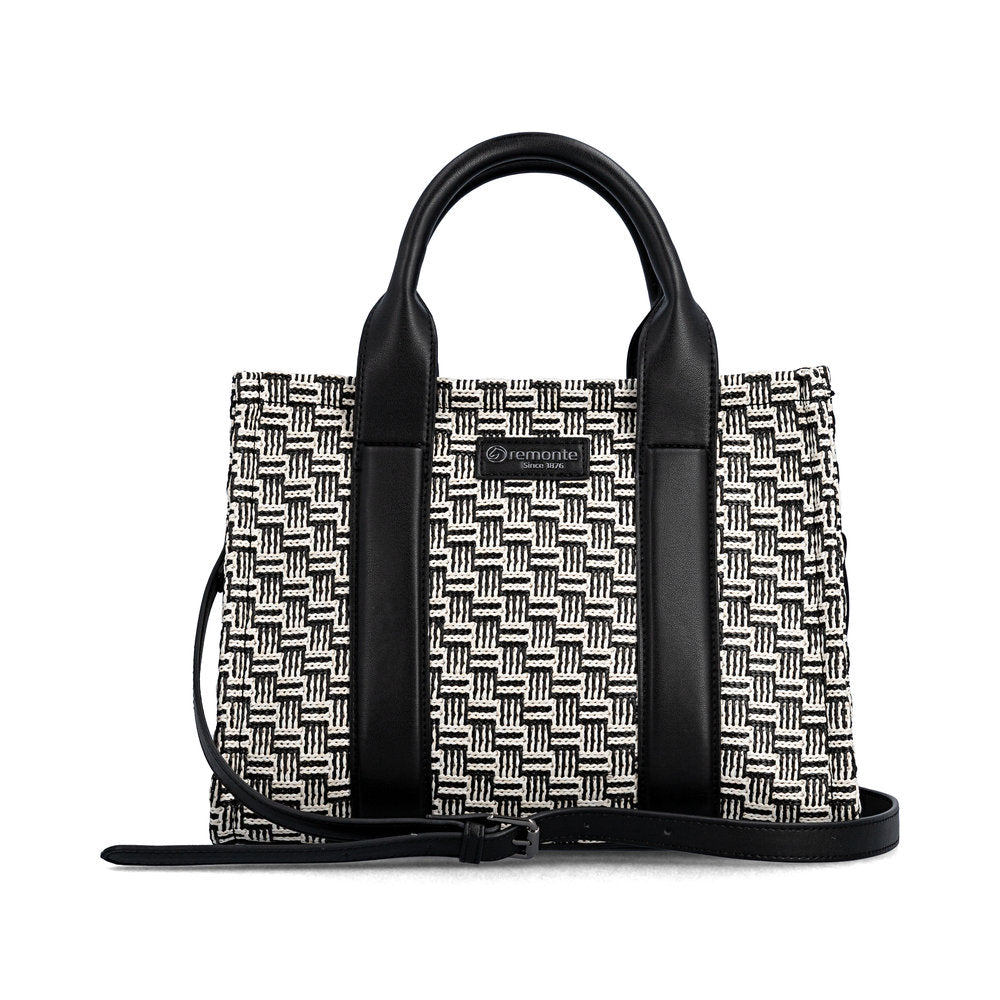 Handbag with black and white woven pattern on a white background