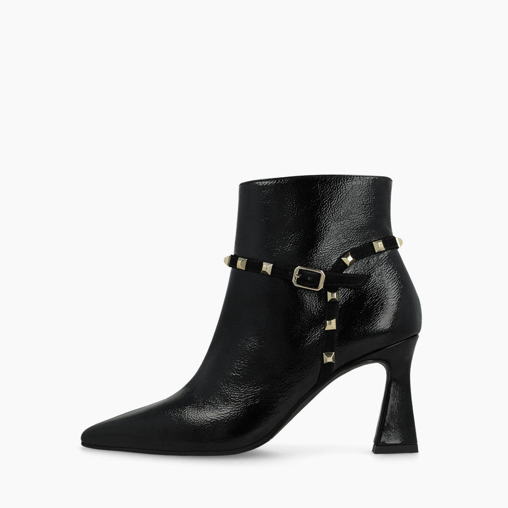 Lodi Smooth Black Leather High Heel Ankle Boot Metal Appliques |RELLE